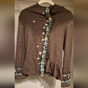 Brown Cardigan with Decorative Buttons and Ruffle Trim